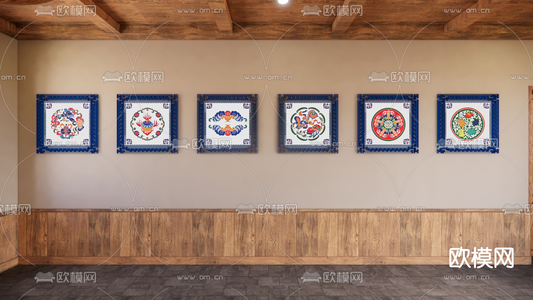 中式花纹挂画 装饰画su模型下载（渲染图2）