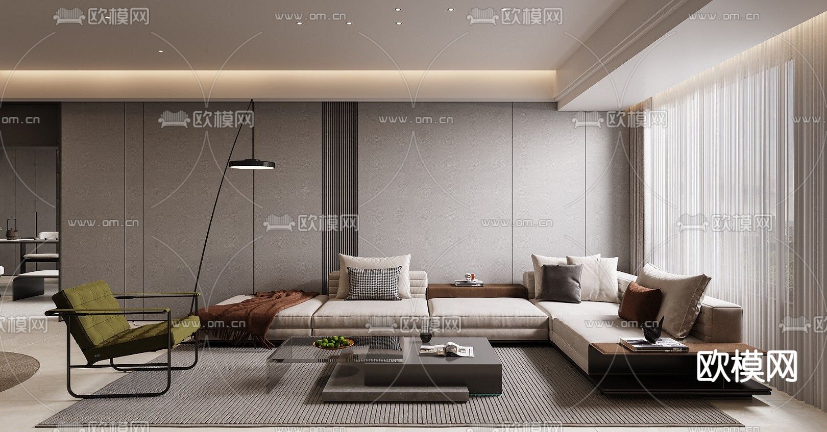 高级灰客厅3d模型下载（渲染图1）