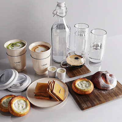  玻璃杯 食物 咖啡 面包su模型 