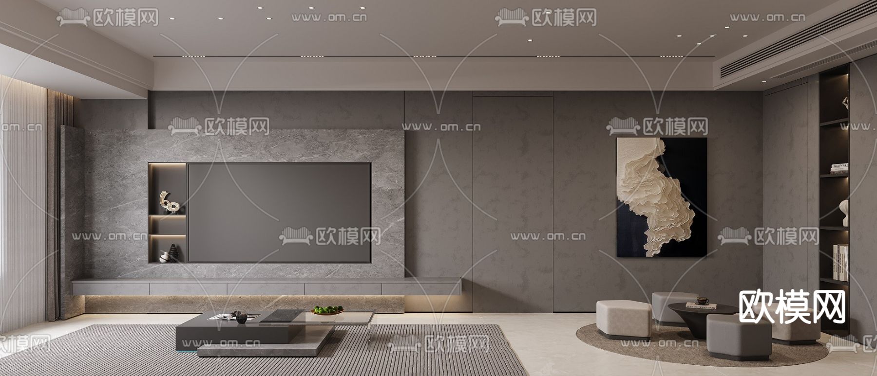 高级灰客厅3d模型下载（渲染图2）
