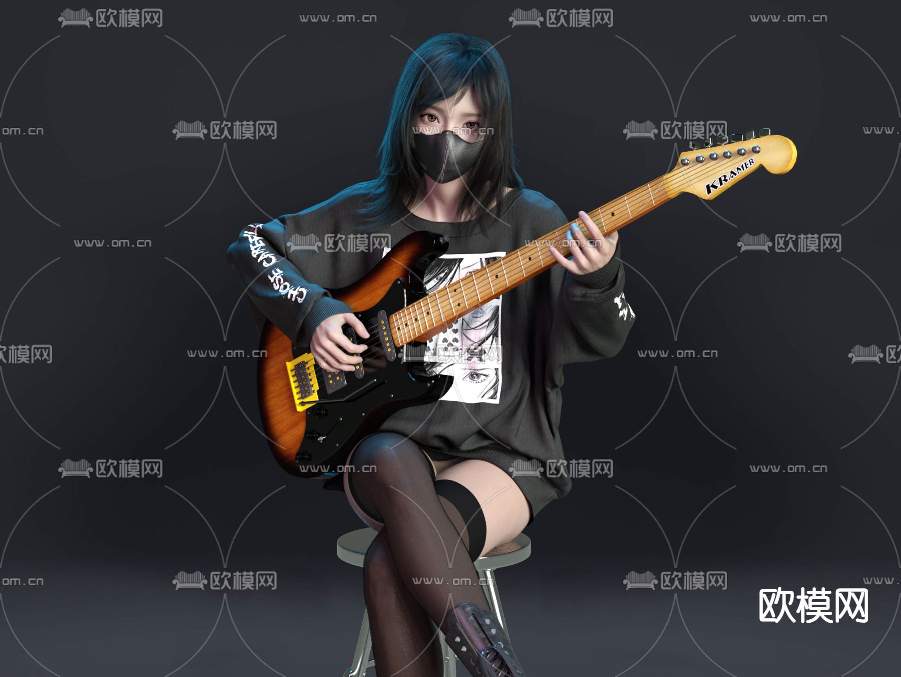 吉他少女 美女 人物3d模型下载（渲染图1）
