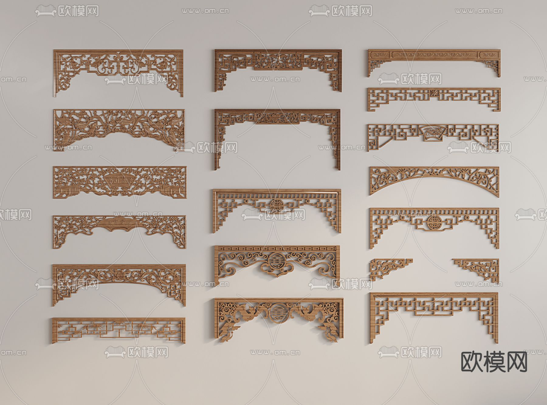 中式雕花门楣 花格 挂落 雕花构件 梁托3d模型下载