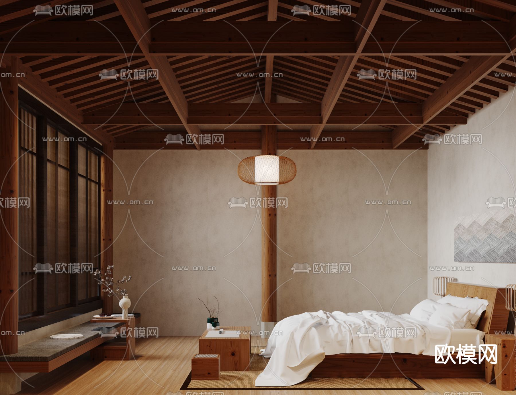 中式民宿 卧室3d模型下载（渲染图1）