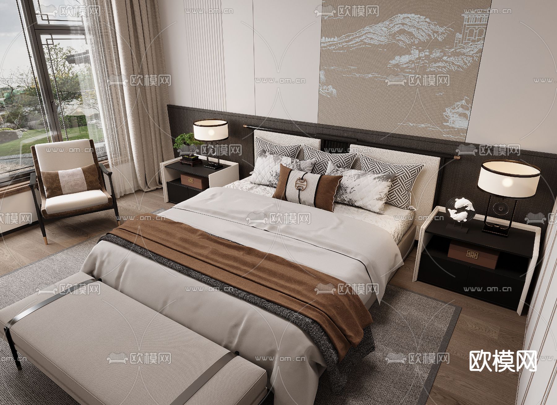 新中式双人床3d模型下载