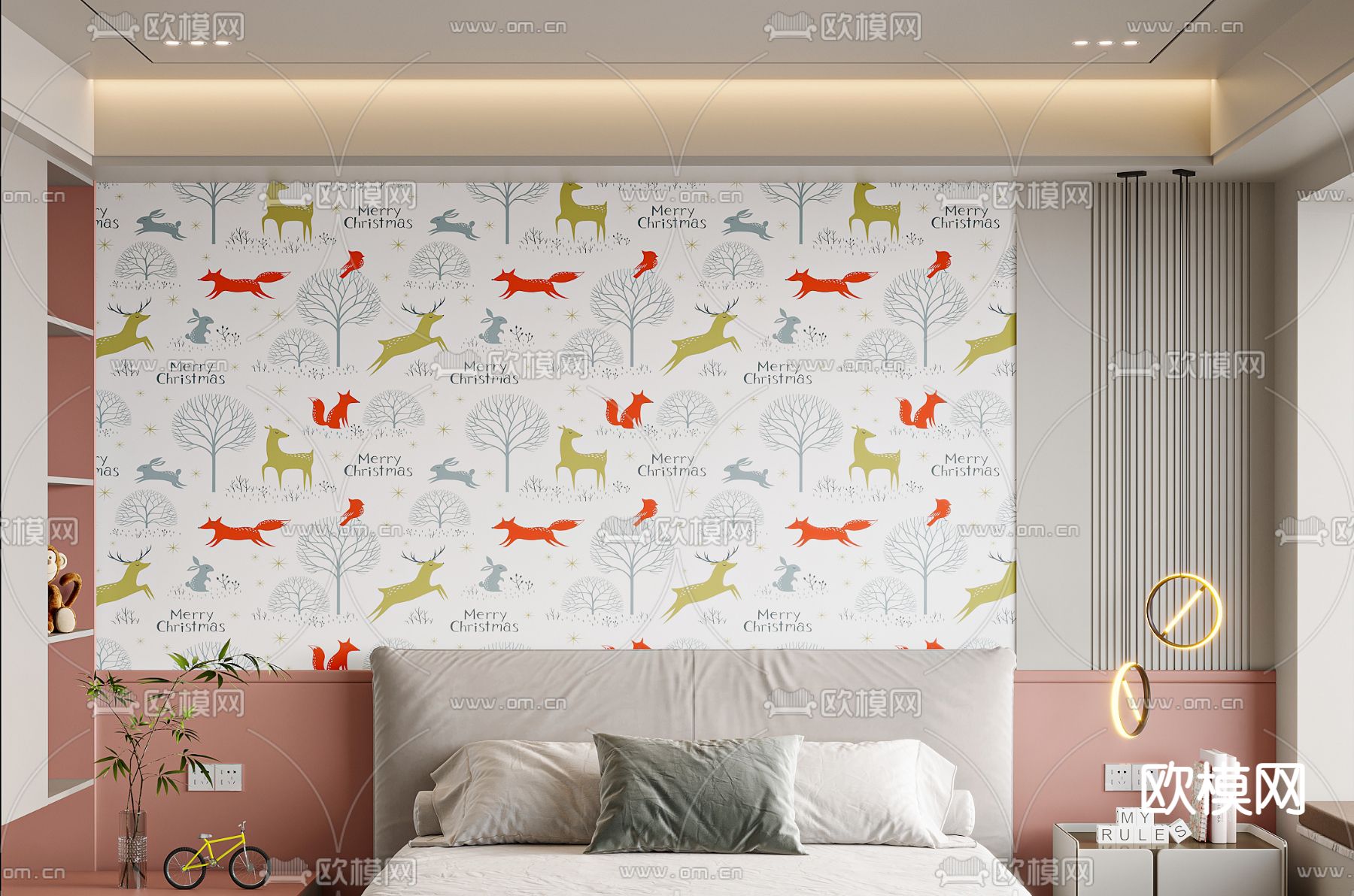 儿童床头背景 卡通墙纸3d模型下载