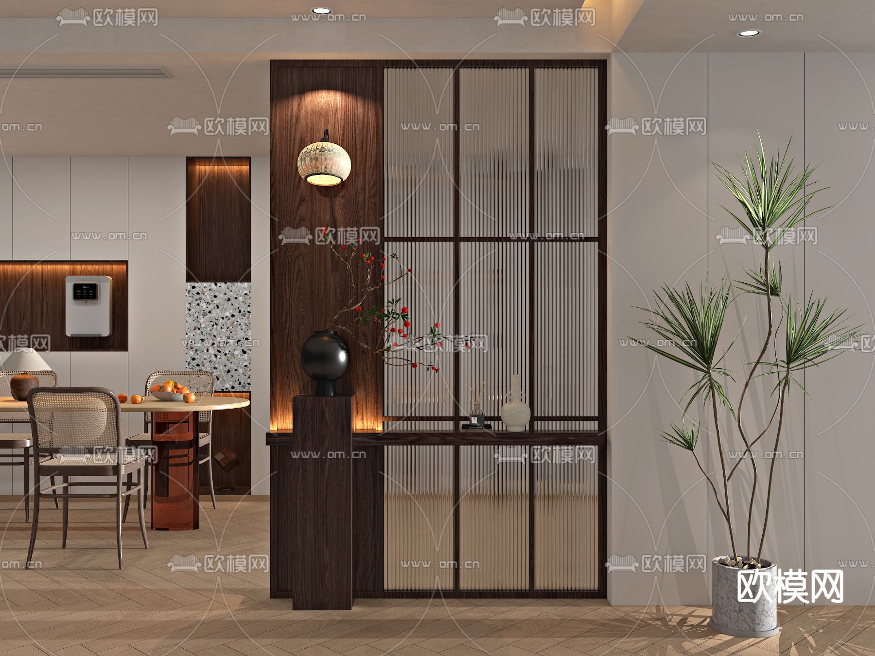 中古风屏风 玻璃砖隔断su模型下载（渲染图2）