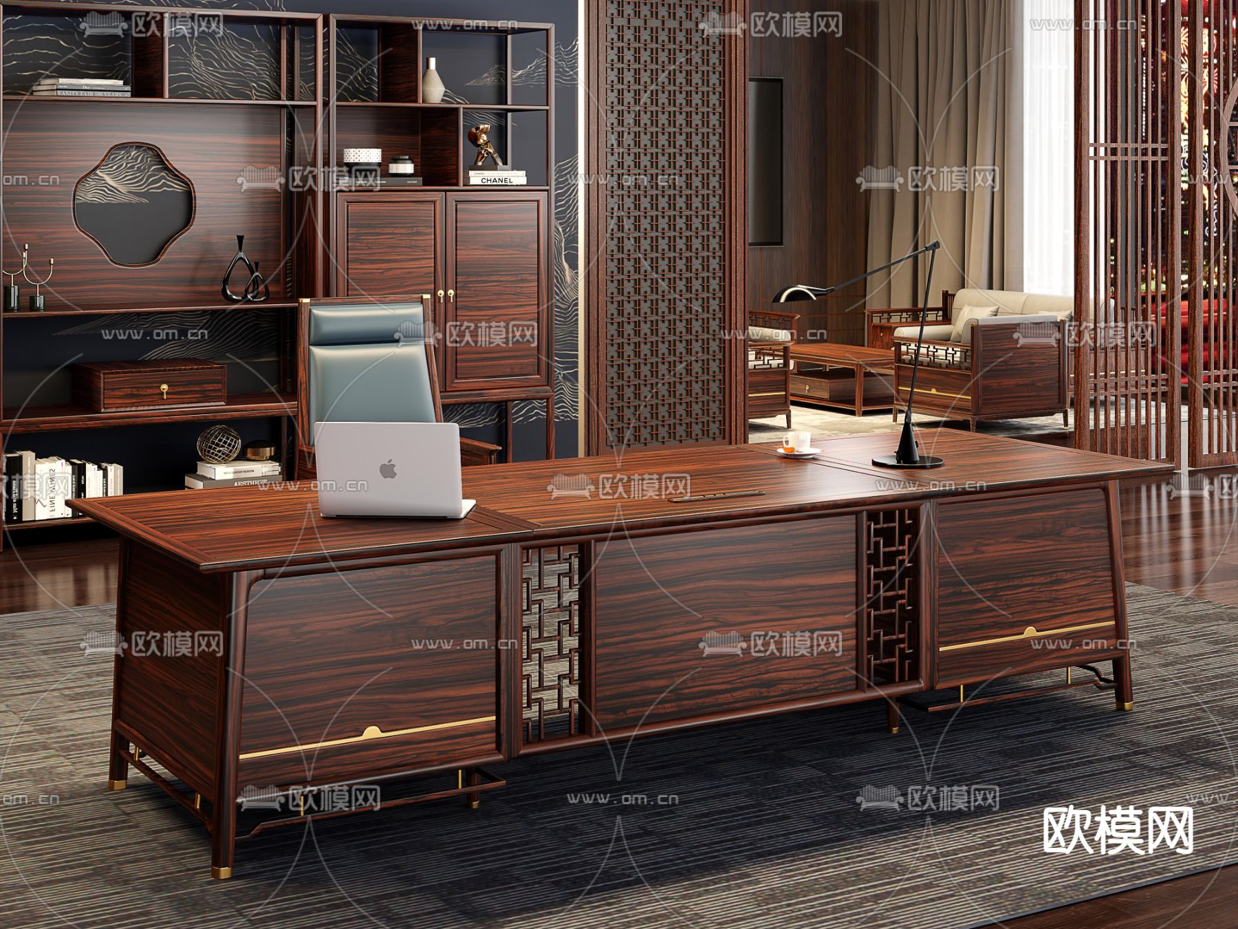中式办公桌 大班台 老板桌 博古架3d模型下载（渲染图3）