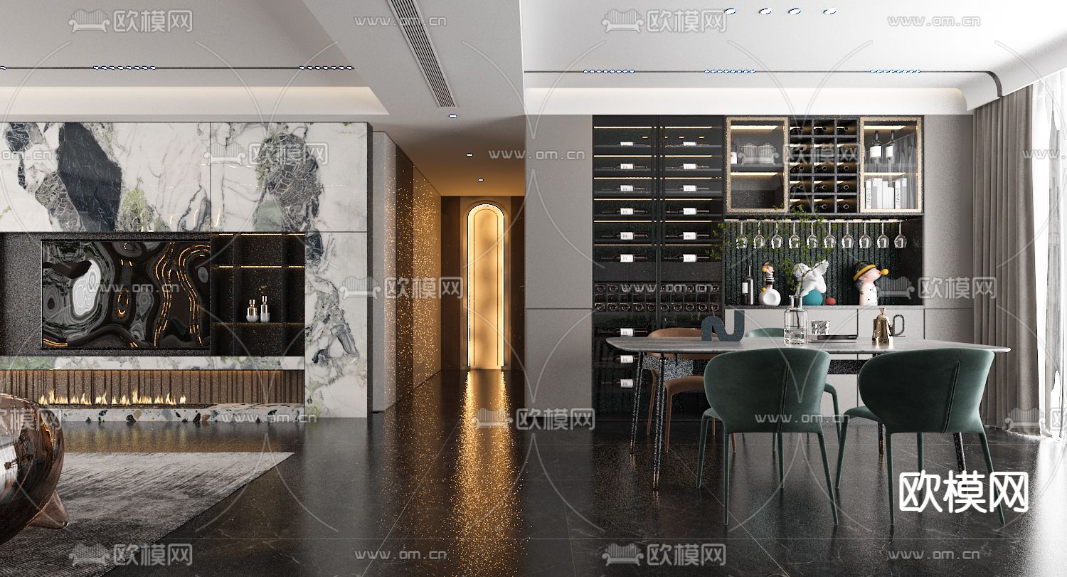 轻奢客厅 餐厅3d模型下载（渲染图2）