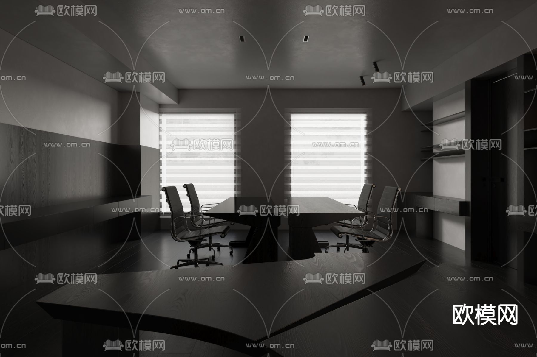 暗黑风办公室 公共办公区 工位3d模型下载（渲染图1）