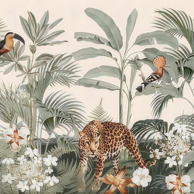  热带雨林动植物印花壁纸 