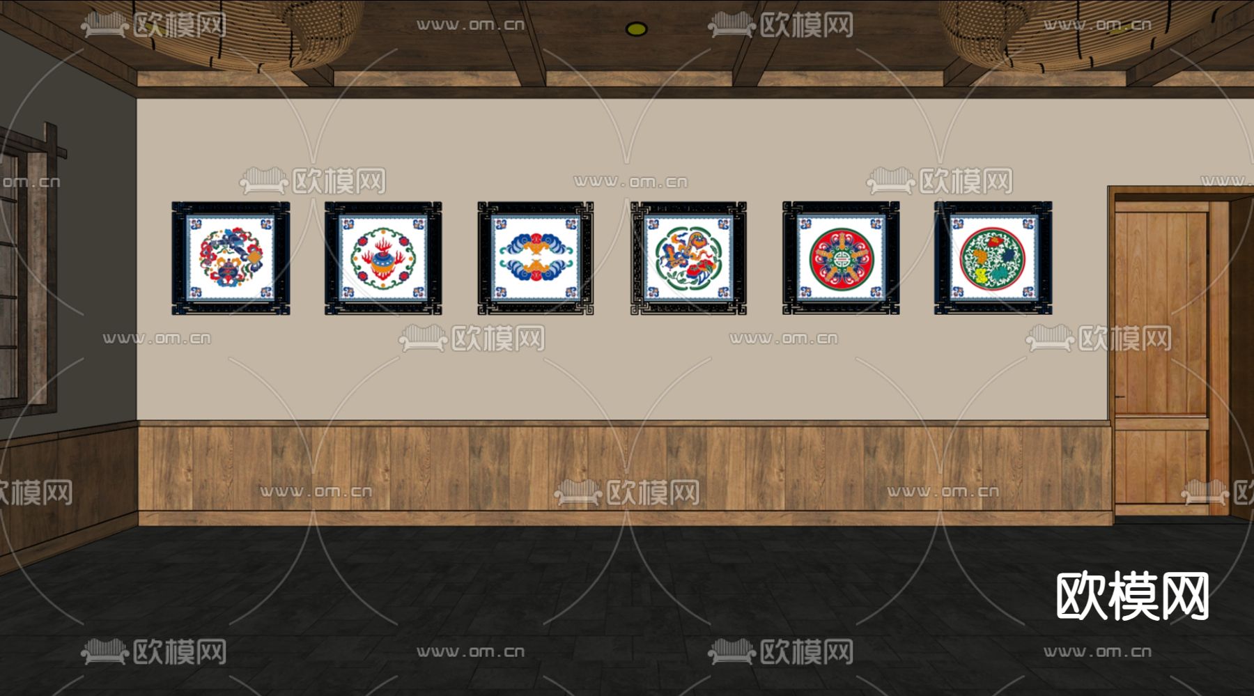 中式花纹挂画 装饰画su模型下载（渲染图1）