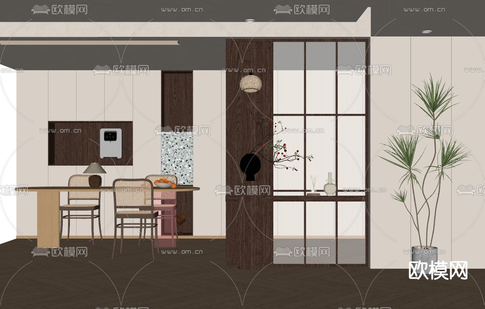 中古风屏风 玻璃砖隔断su模型下载（渲染图1）