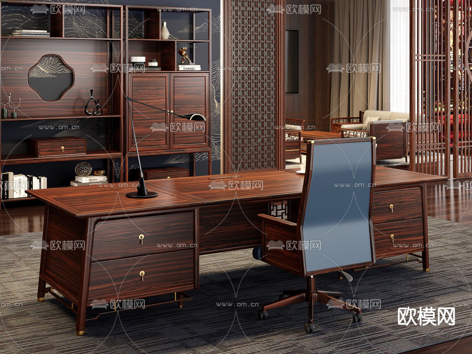 中式办公桌 大班台 老板桌 博古架3d模型下载（渲染图4）
