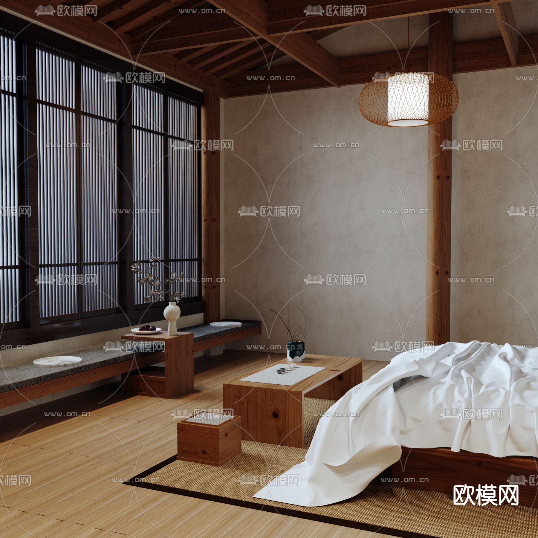 中式民宿 卧室3d模型下载（渲染图2）