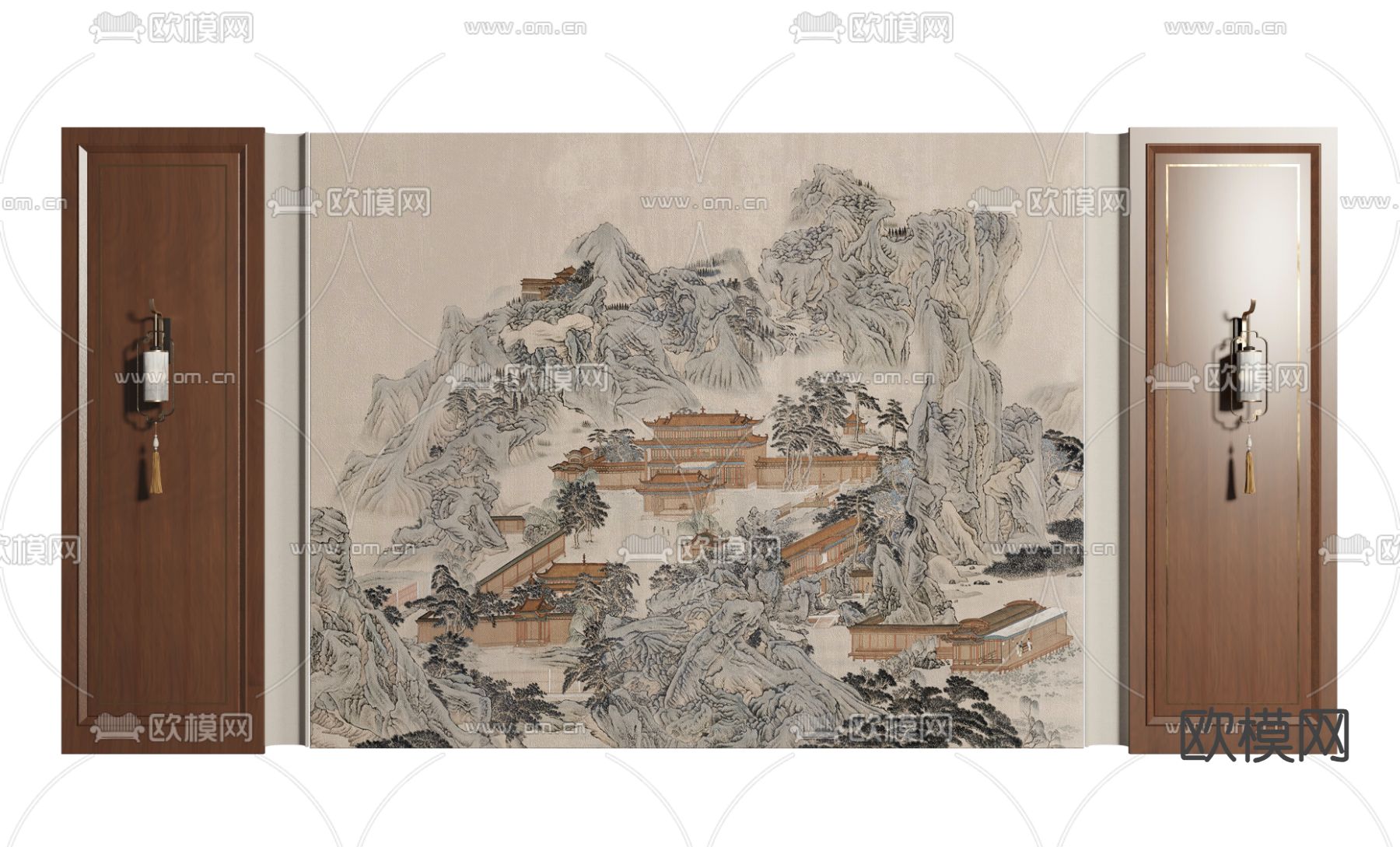 中式背景墙 山水背景3d模型下载
