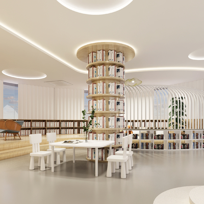  奶油风幼儿园 绘本室su模型 