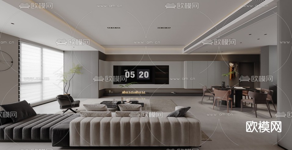 现代客厅 餐厅3d模型下载(渲染图1)