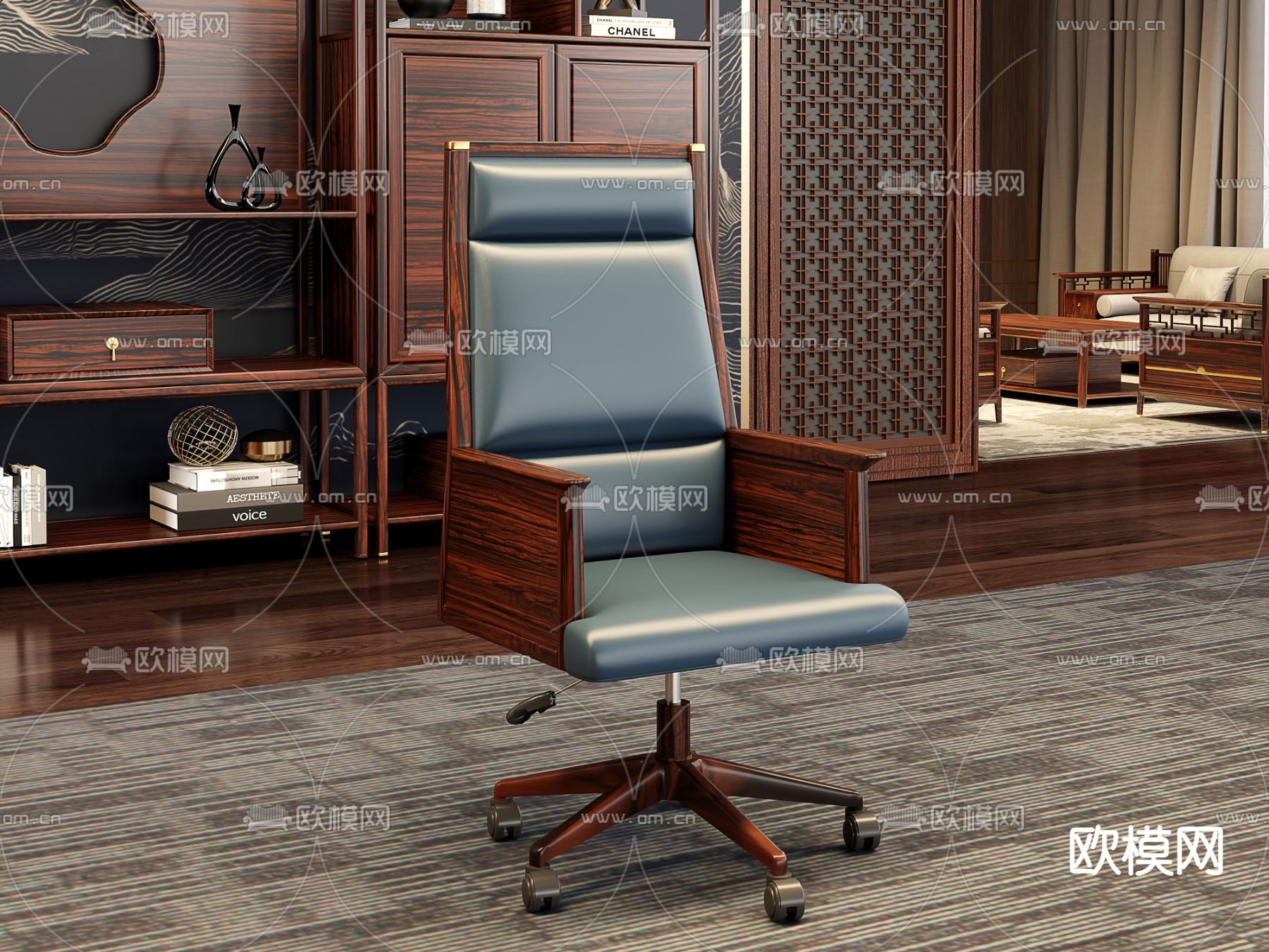 中式办公桌 大班台 老板桌 博古架3d模型下载（渲染图2）