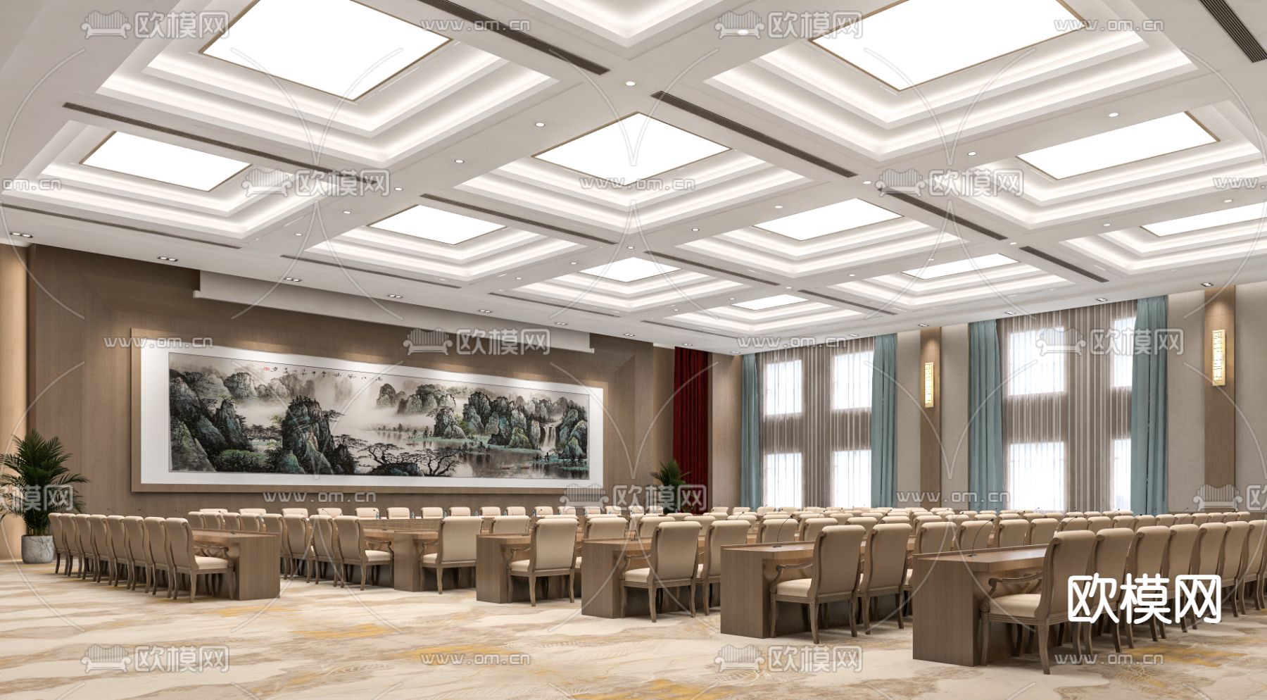 新中式报告厅 会议室3d模型下载（渲染图2）