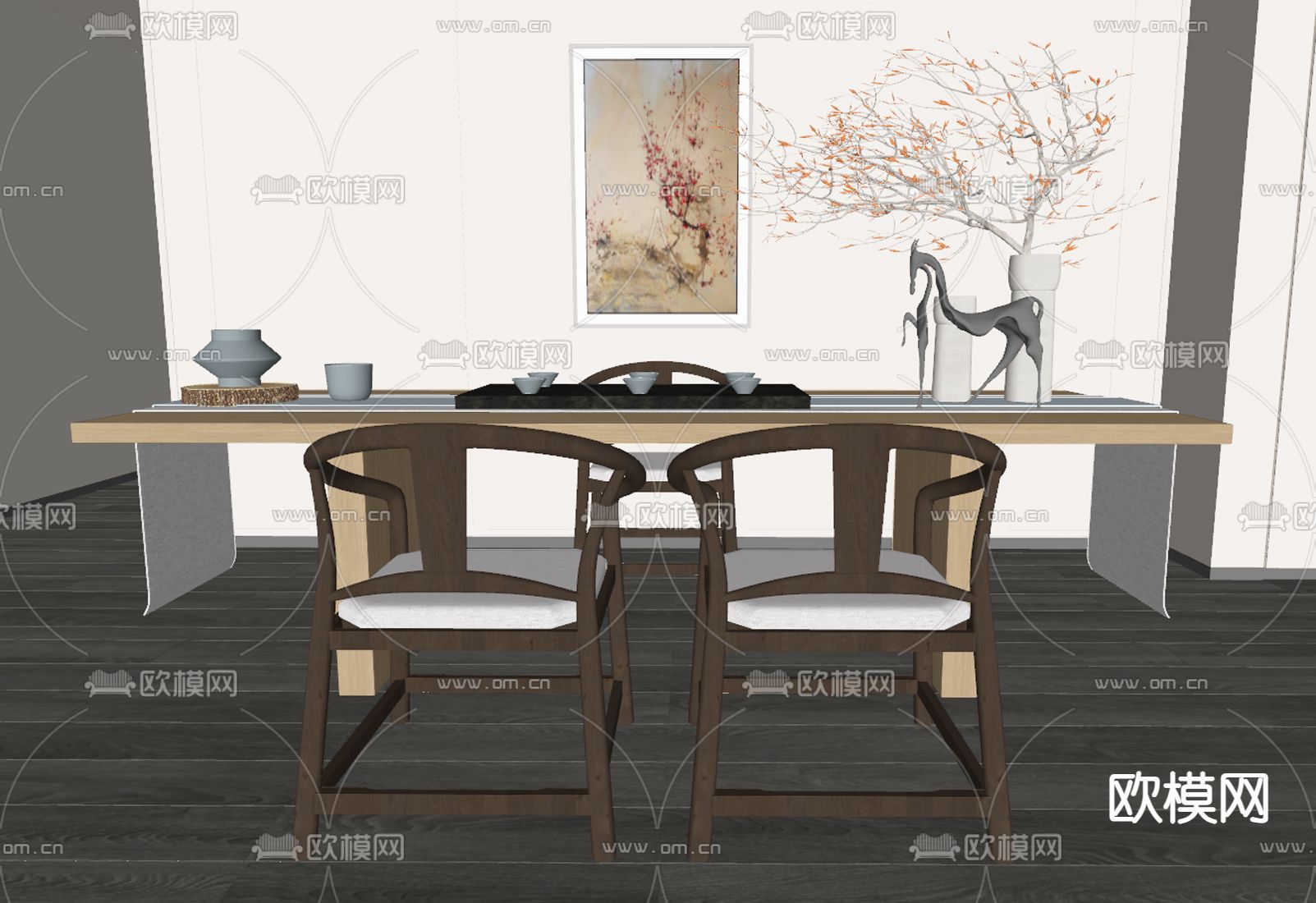 新中式茶桌椅su模型下载（渲染图1）