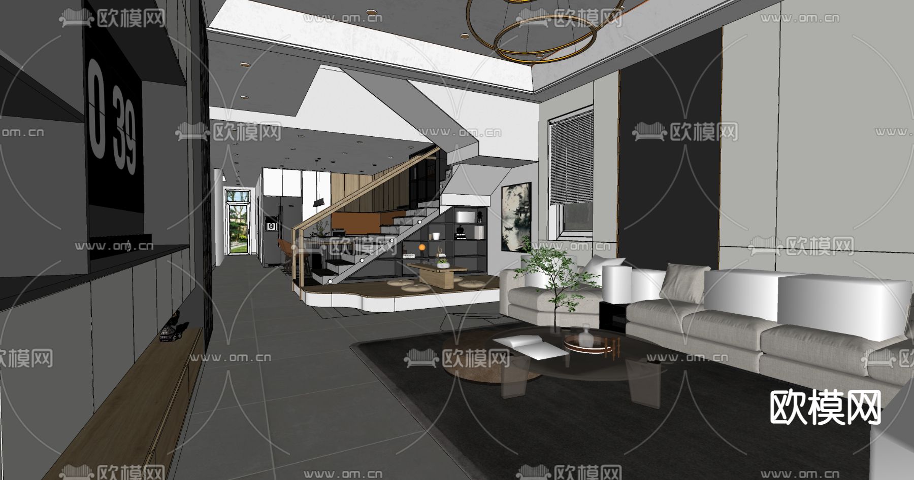 现代别墅客厅su模型下载（渲染图1）