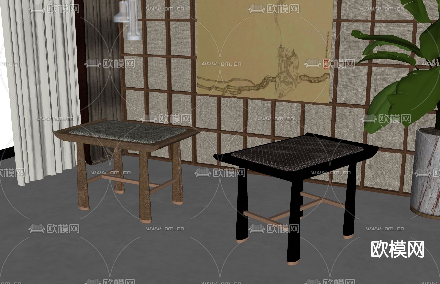 新中式凳子su模型下载（渲染图1）