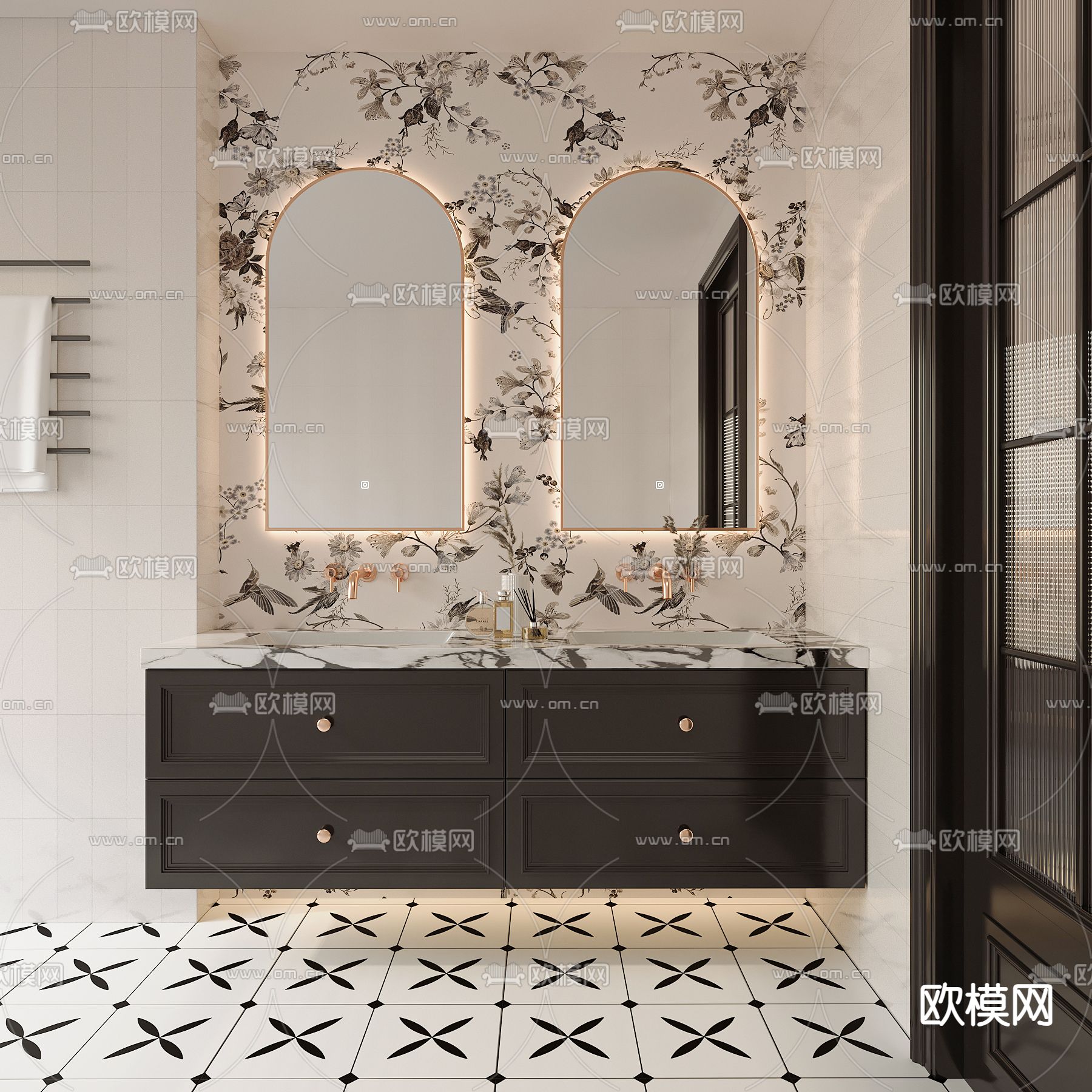 法式浴室柜 双盆洗手台 洗手盆3d模型下载