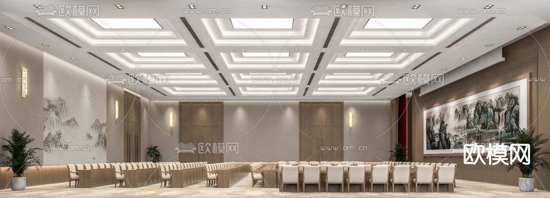 新中式报告厅 会议室3d模型下载（渲染图1）