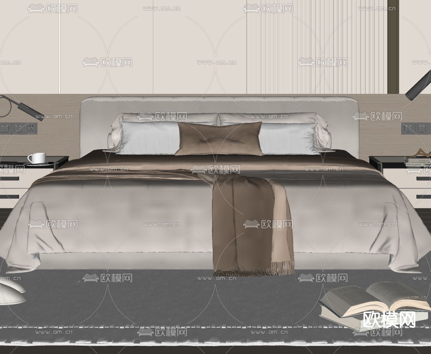 现代双人床su模型下载（渲染图1）