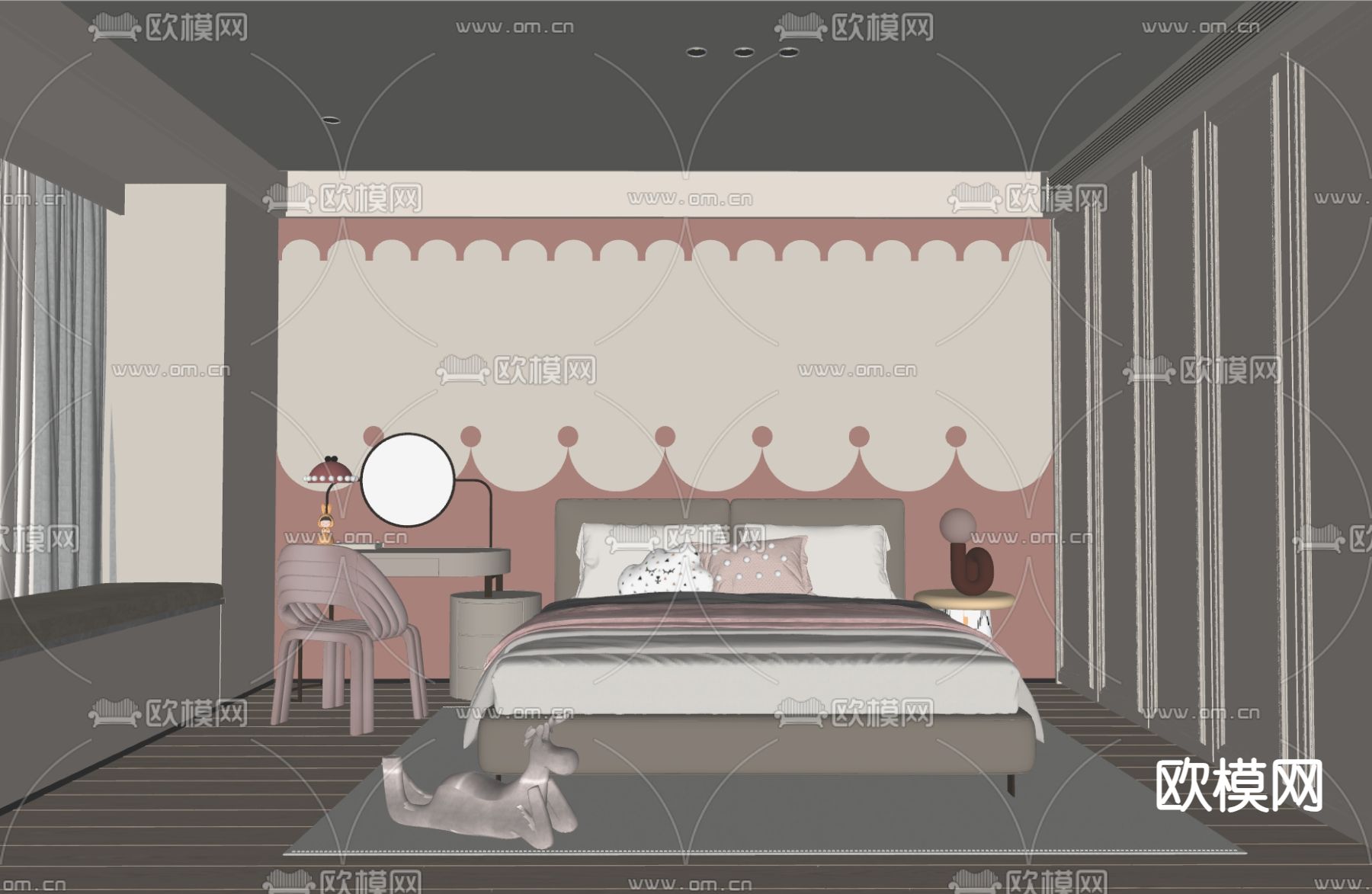 简欧卧室 女儿房su模型下载（渲染图1）