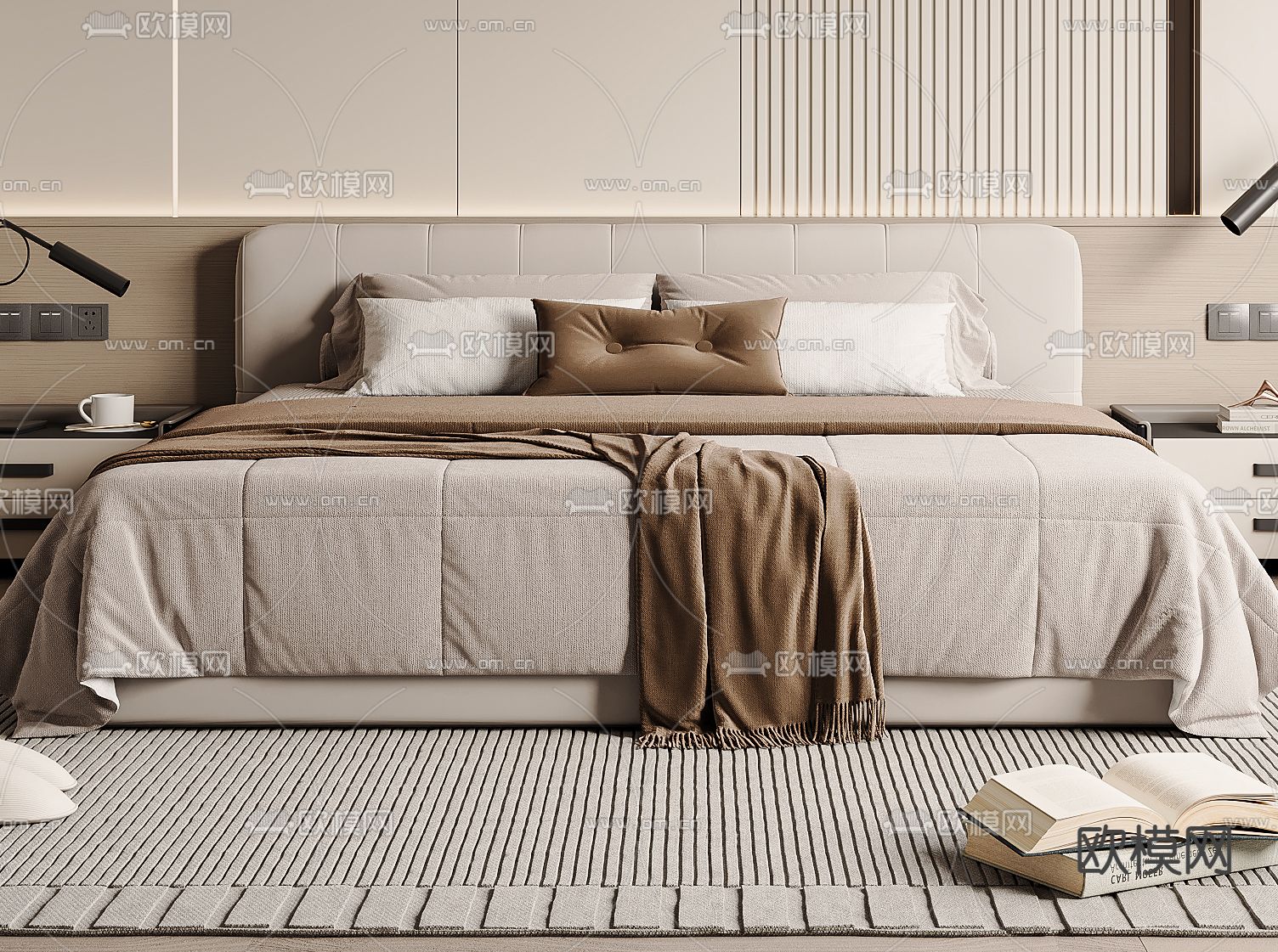 现代双人床su模型下载（渲染图2）