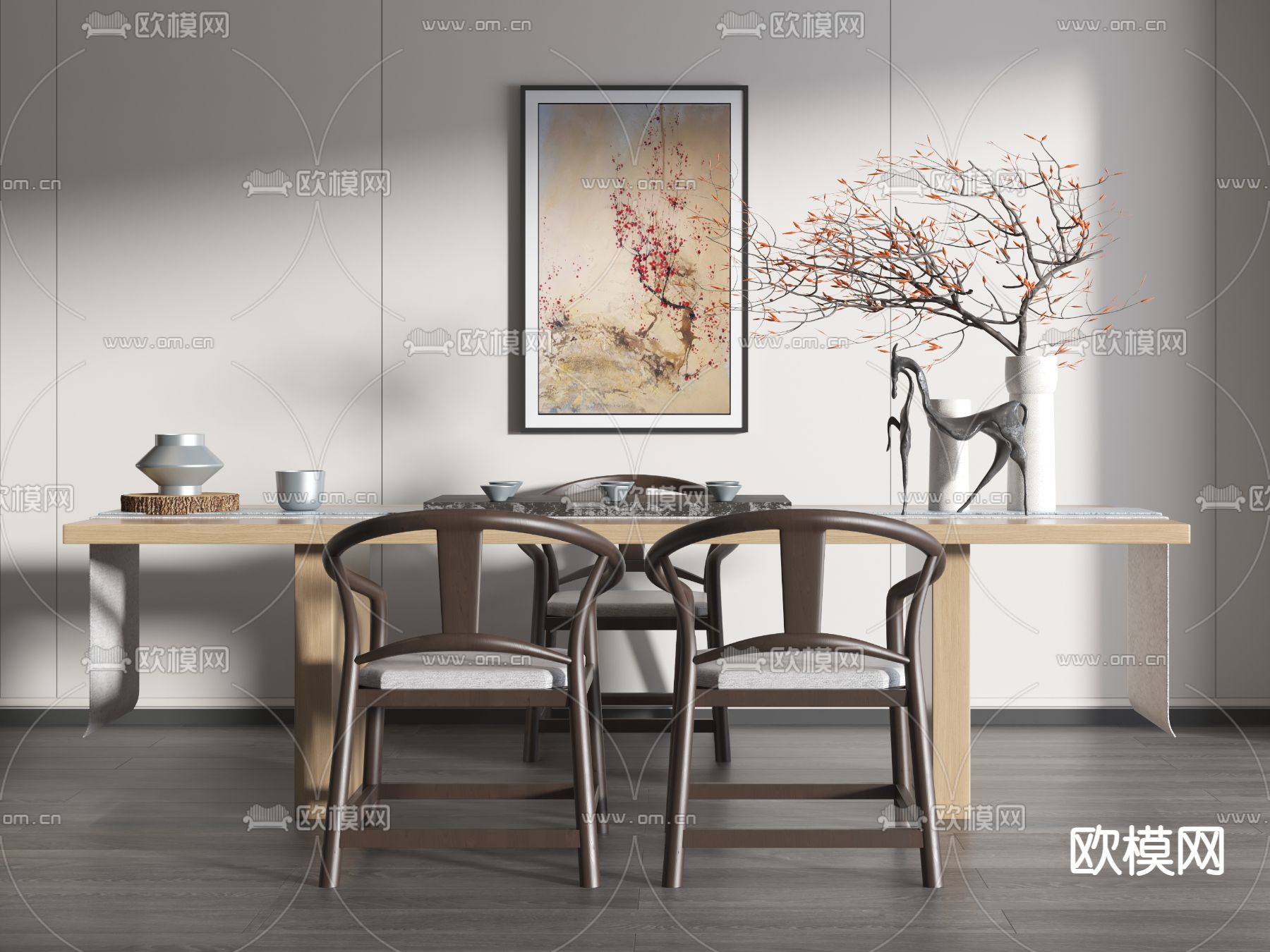 新中式茶桌椅su模型下载（渲染图2）