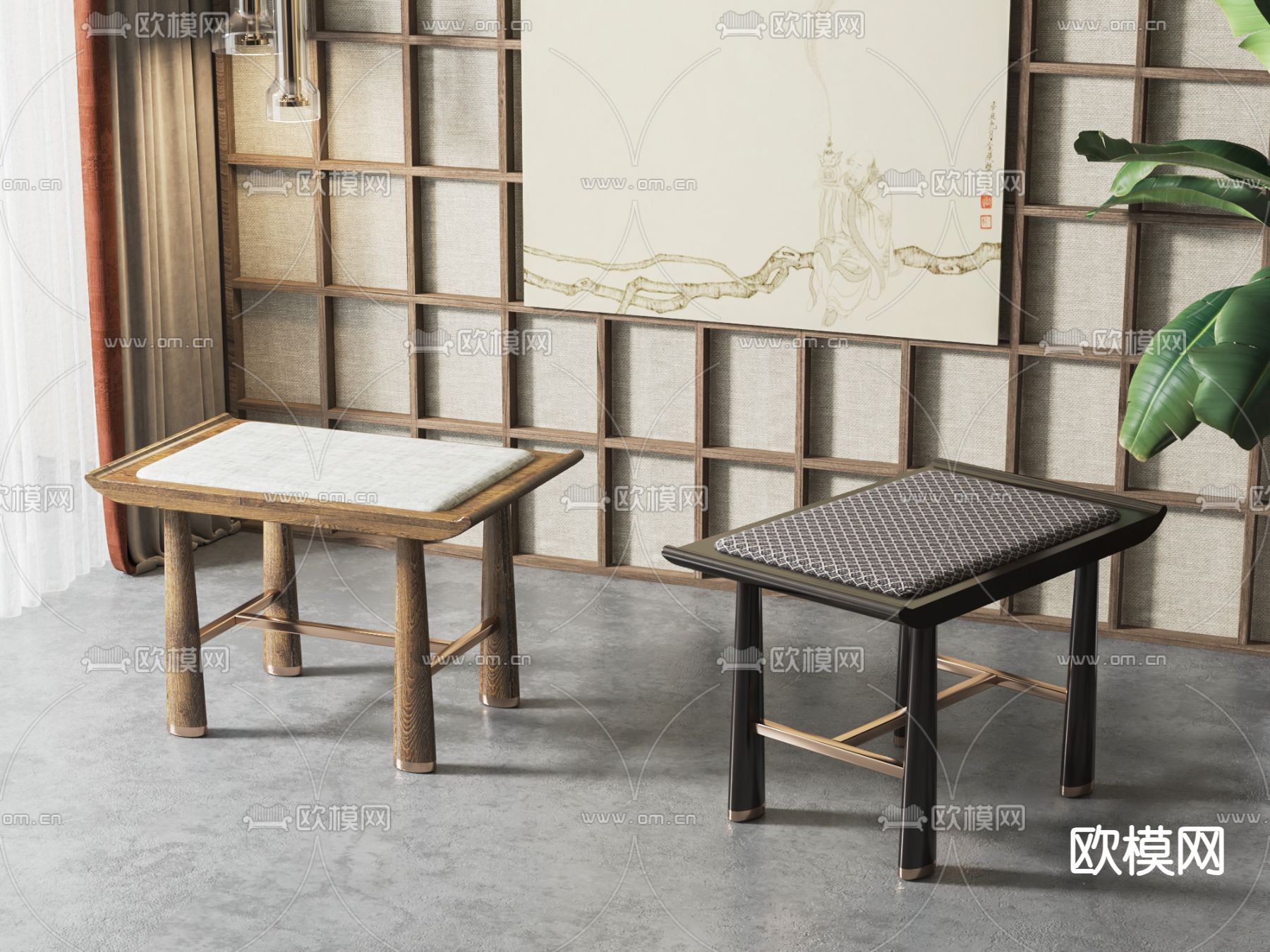 新中式凳子su模型下载（渲染图2）