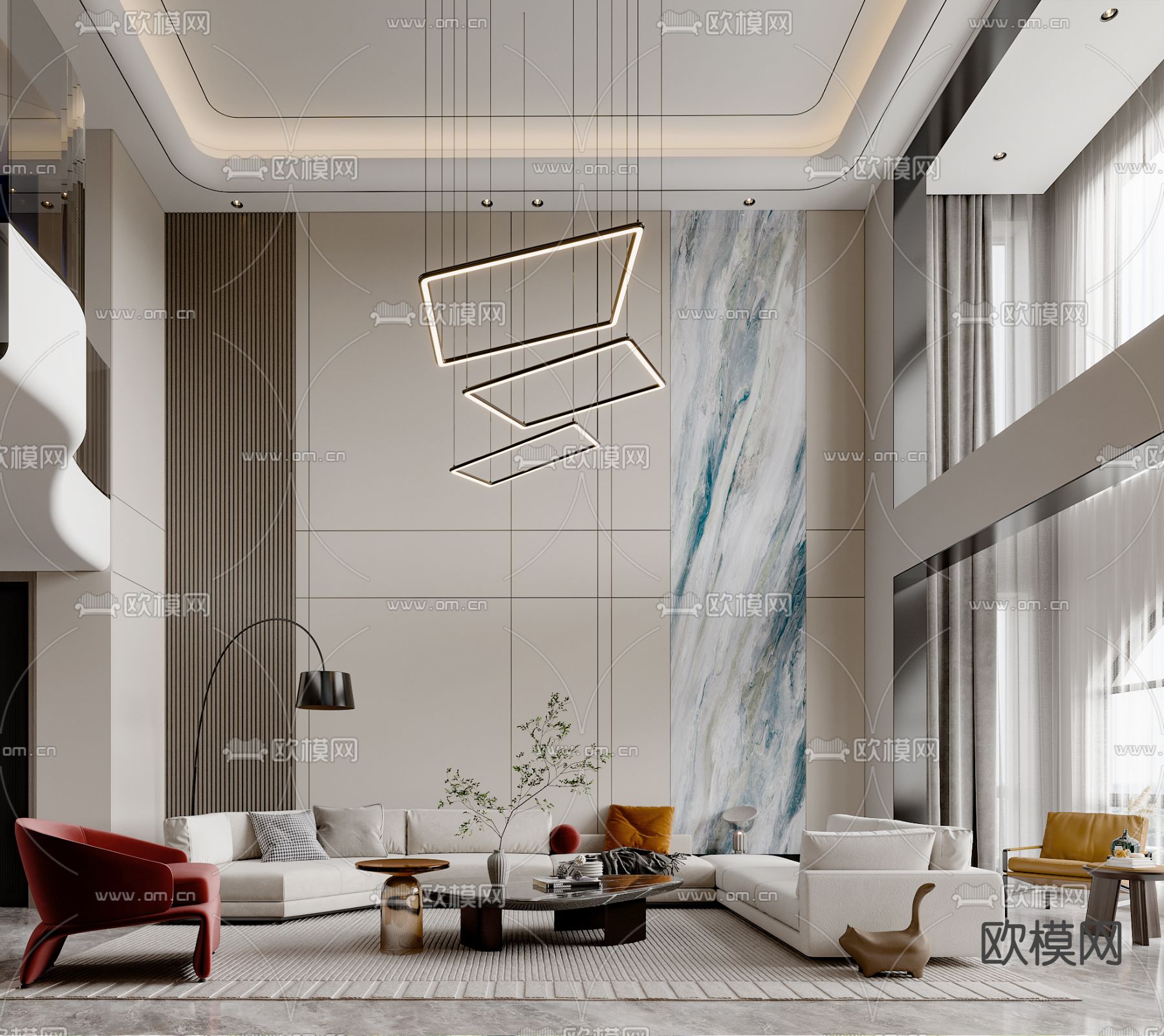别墅大堂 挑空客厅3d模型下载（渲染图1）
