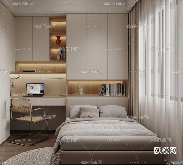 榻榻米卧室 次卧3d模型下载(渲染图2)