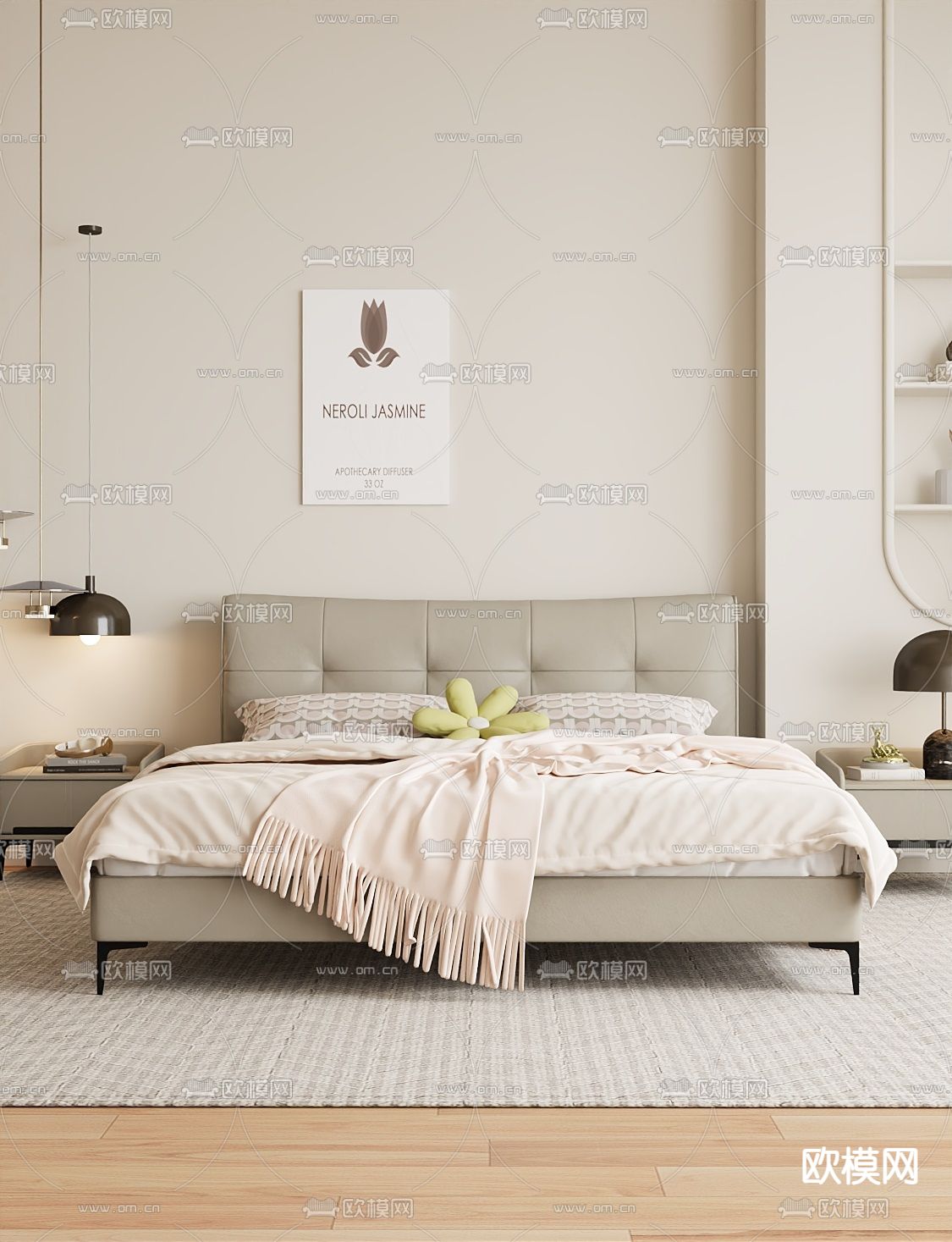 奶油风双人床3d模型下载（渲染图2）