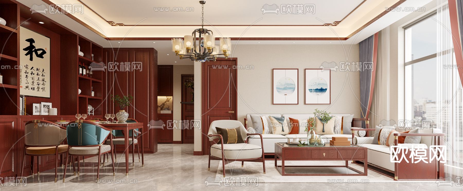 新中式客餐厅3d模型下载（渲染图1）