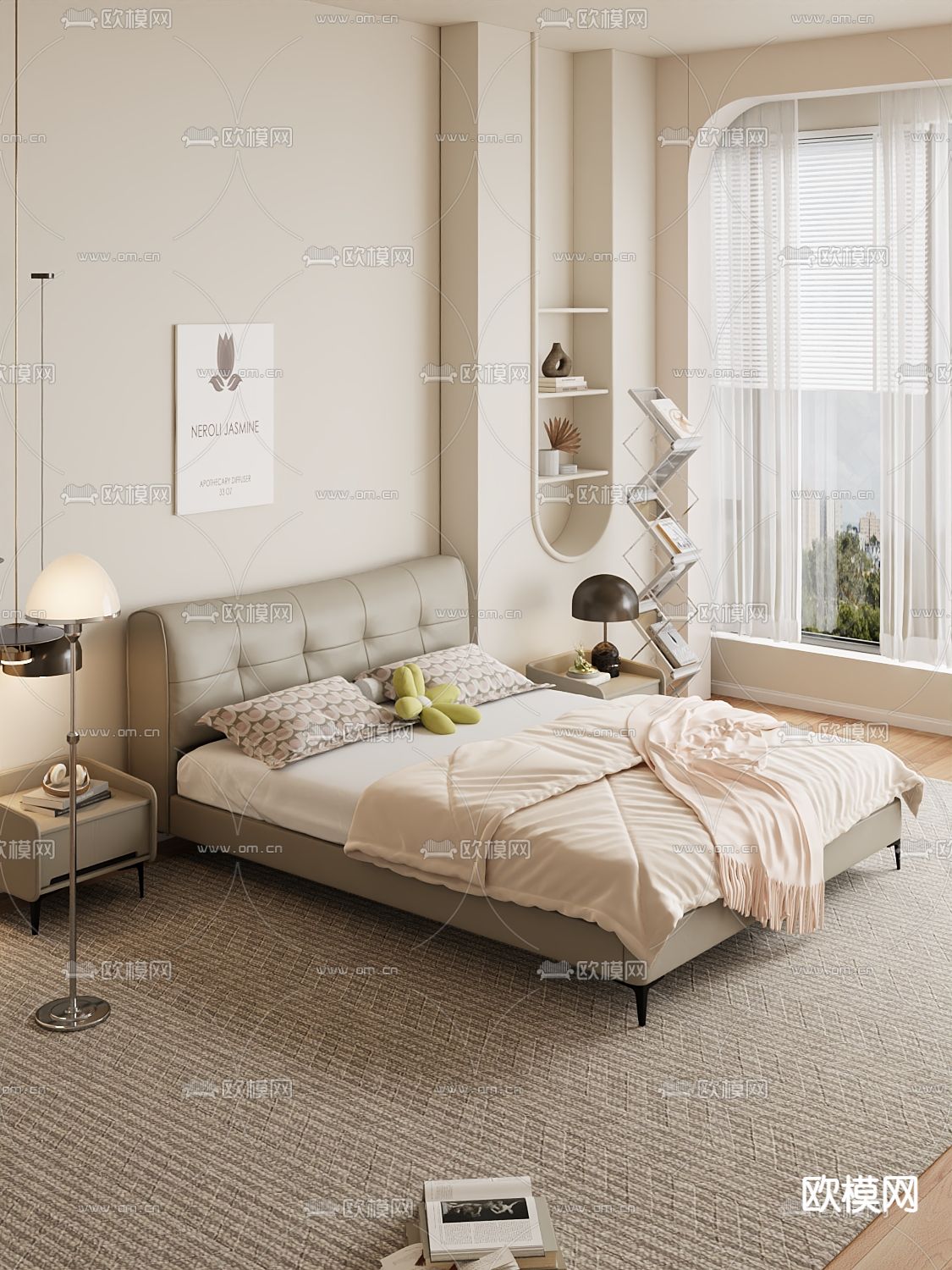 奶油风双人床3d模型下载（渲染图1）