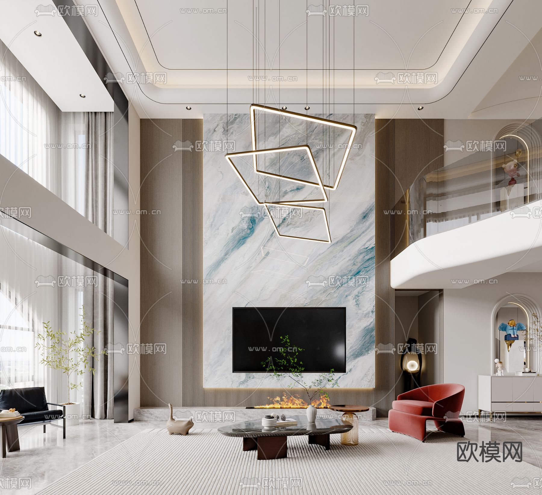 别墅大堂 挑空客厅3d模型下载（渲染图3）