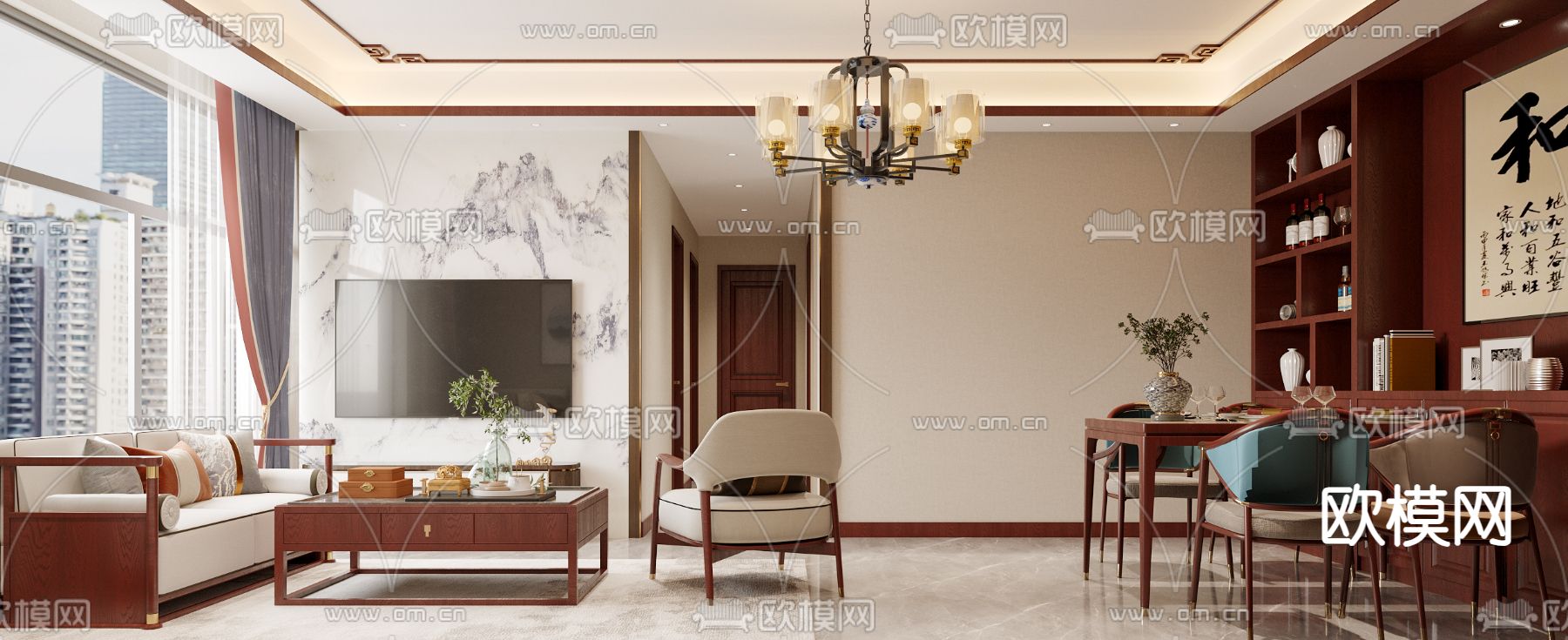 新中式客餐厅3d模型下载（渲染图2）