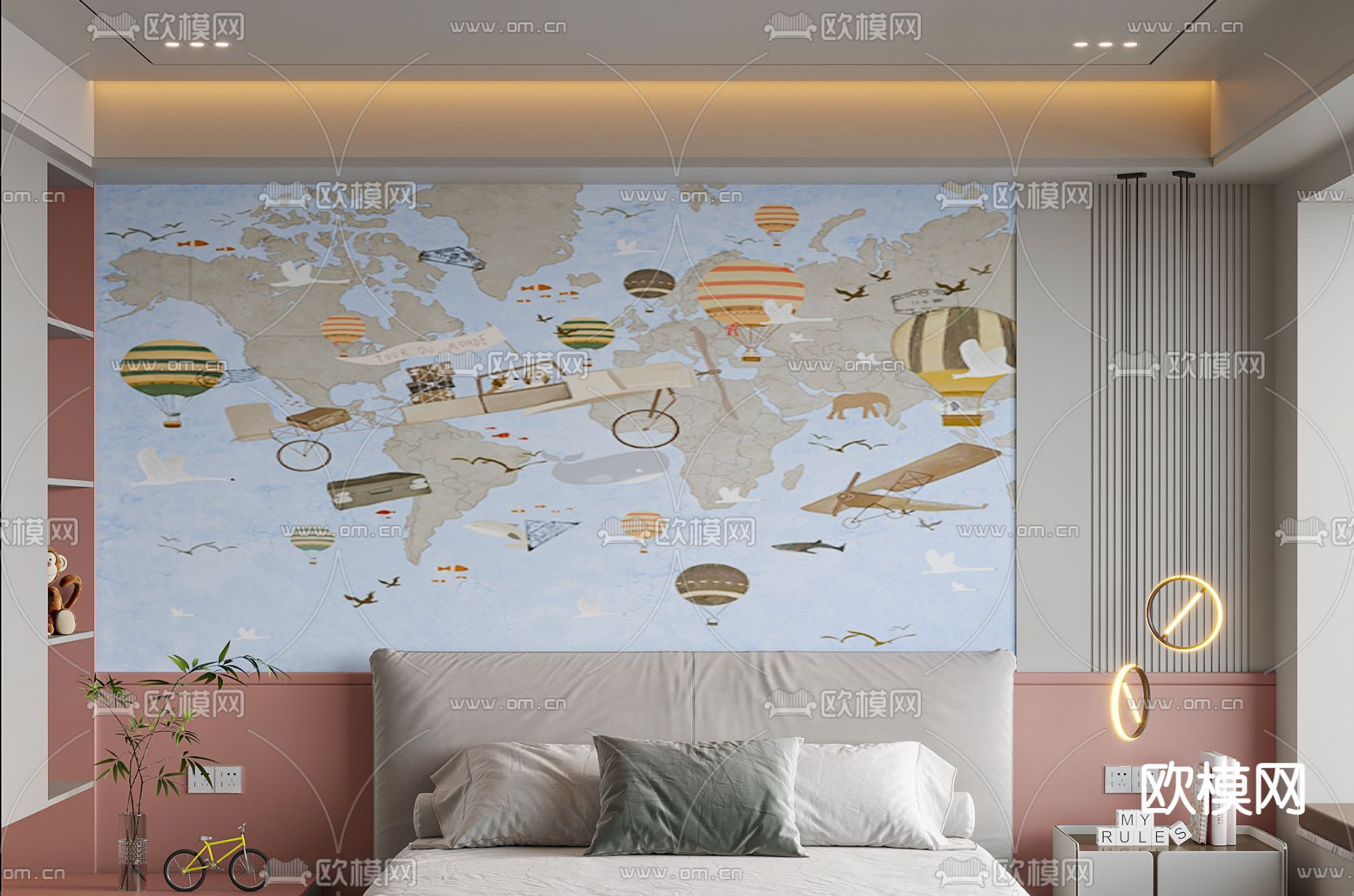儿童床头背景墙su模型下载（渲染图2）