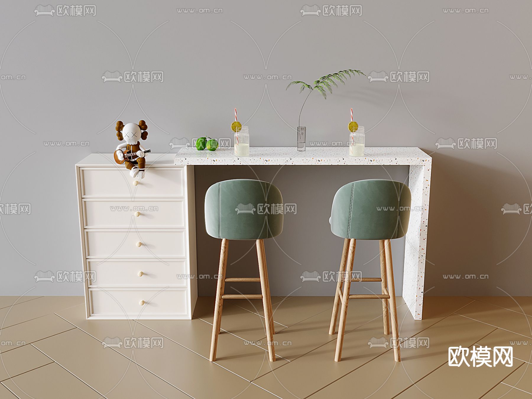 奶油风吧台 吧凳3d模型下载