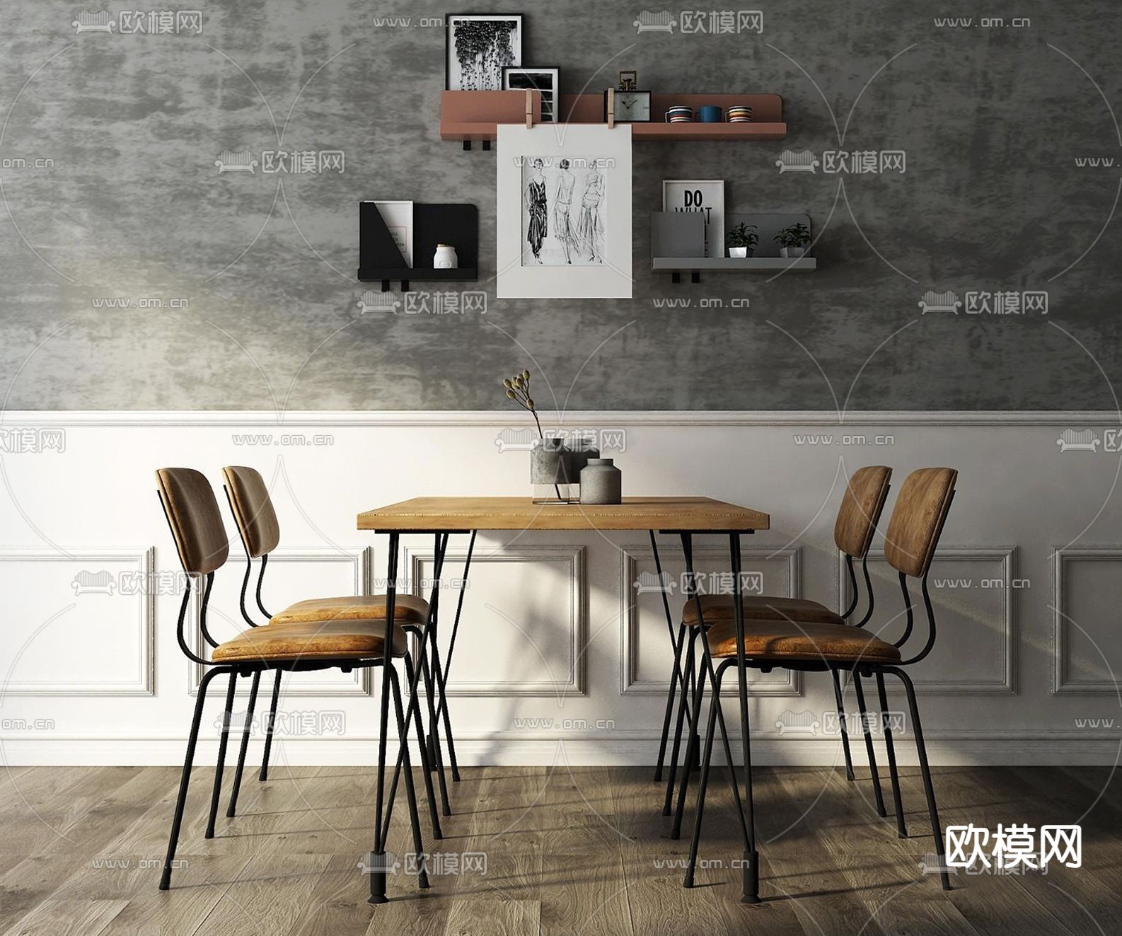 工业风餐桌椅su模型下载（渲染图1）