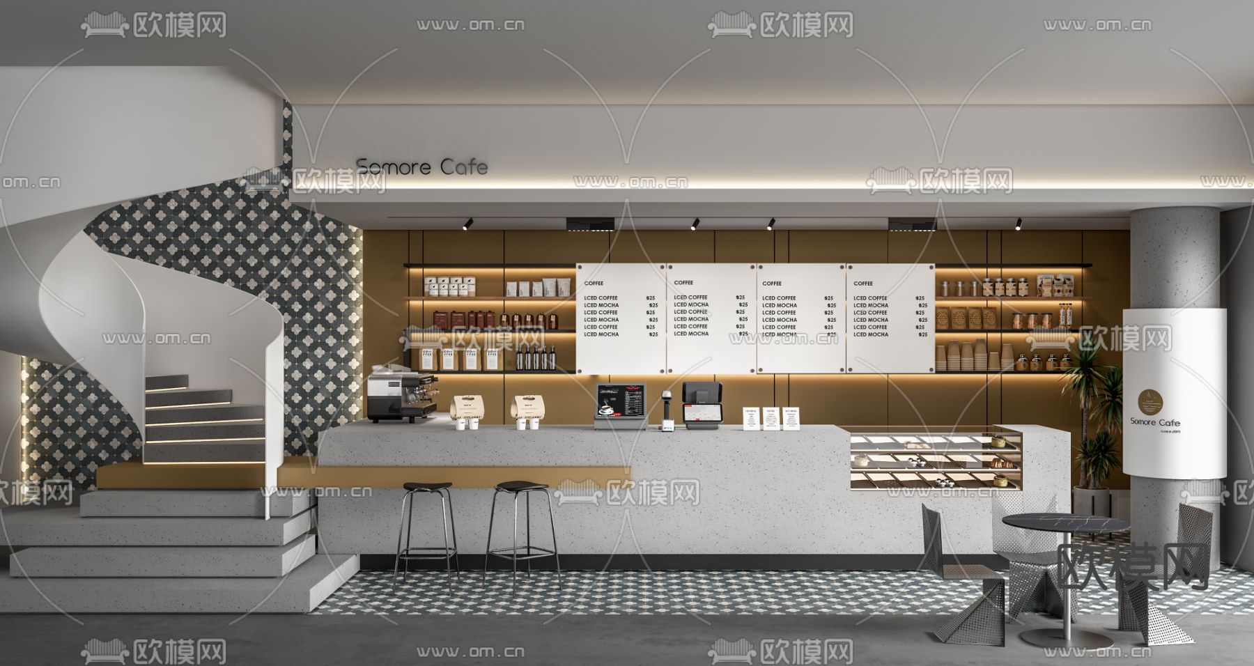 现代咖啡厅 收银台su模型下载（渲染图1）
