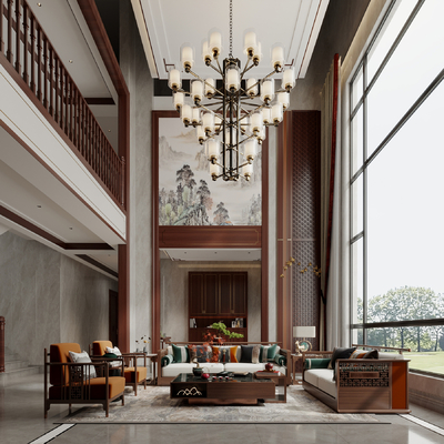  新中式别墅客厅su模型 