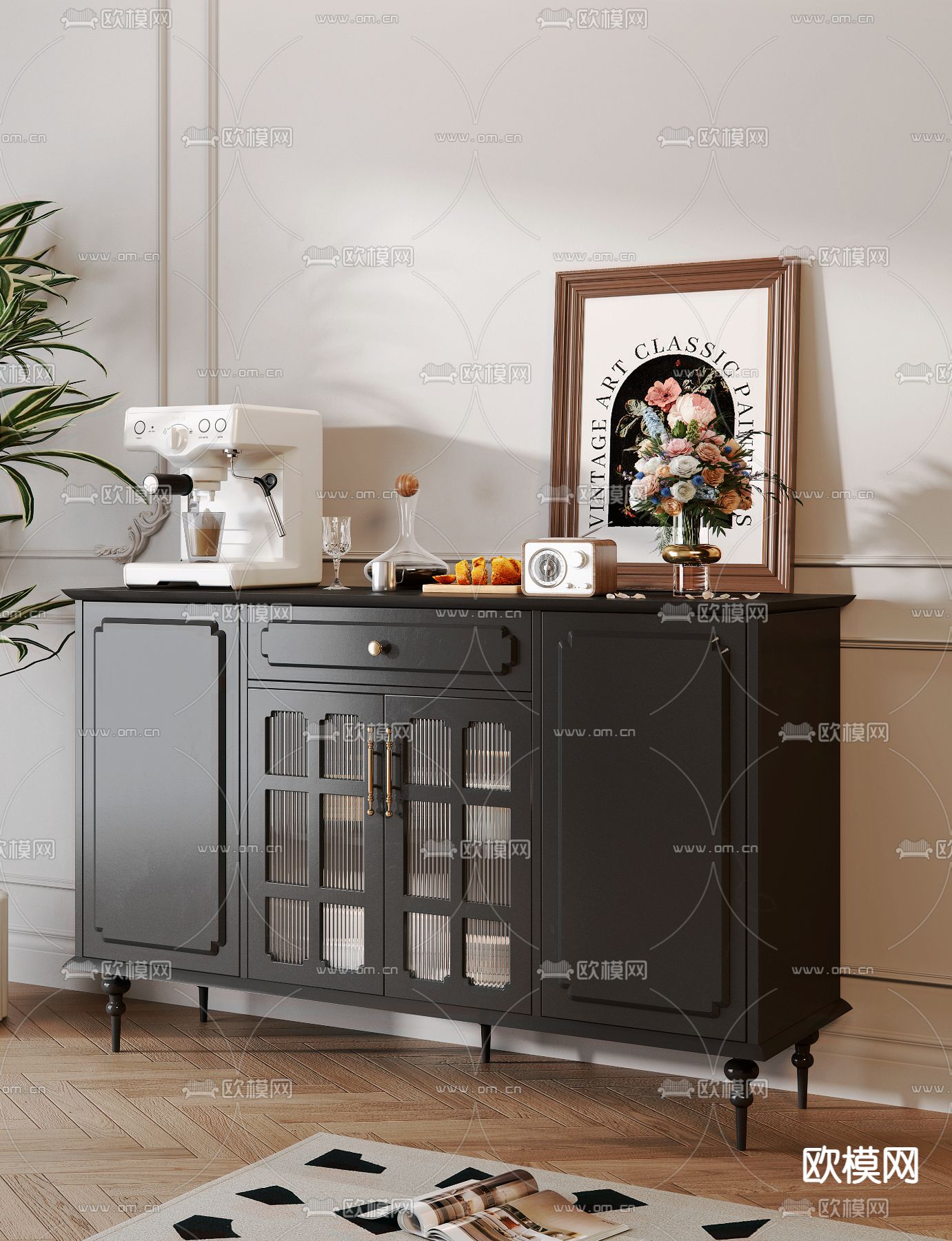 法式餐边柜 茶水柜3d模型下载（渲染图2）
