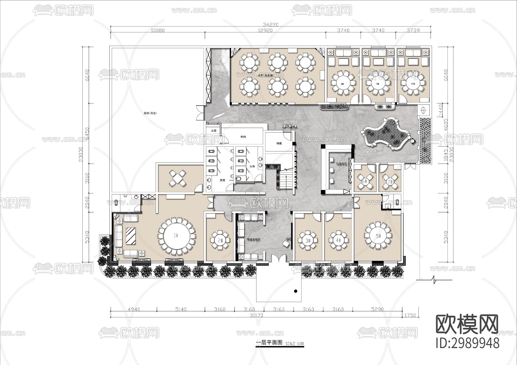 两层私房菜餐厅cad平面图下载（渲染图2）