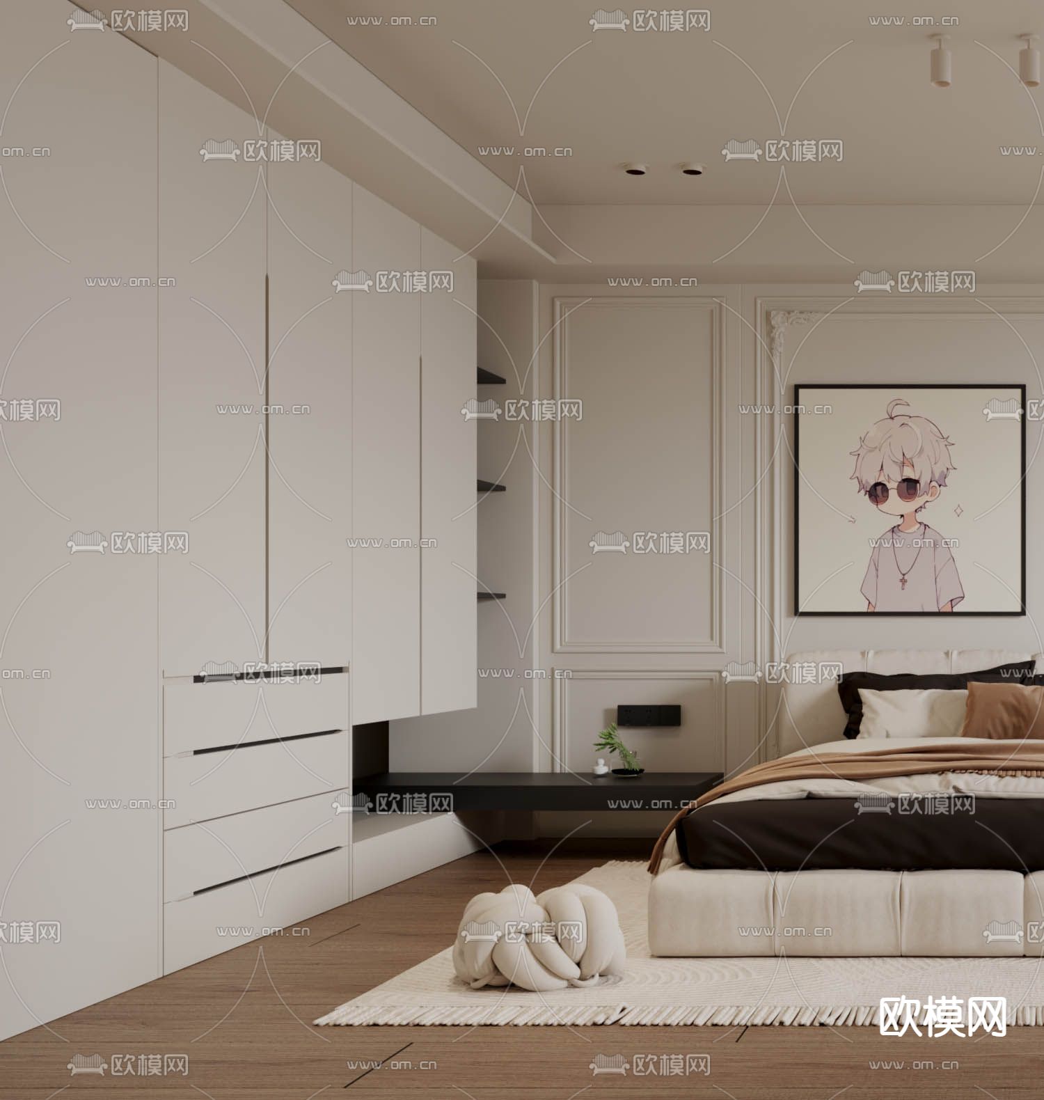 奶油风卧室 主卧 主人房3d模型下载（渲染图2）