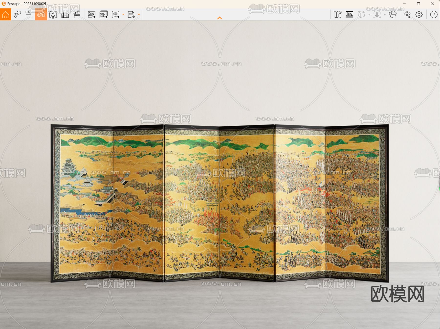 新中式屏风 隔断 国画su模型下载（渲染图2）