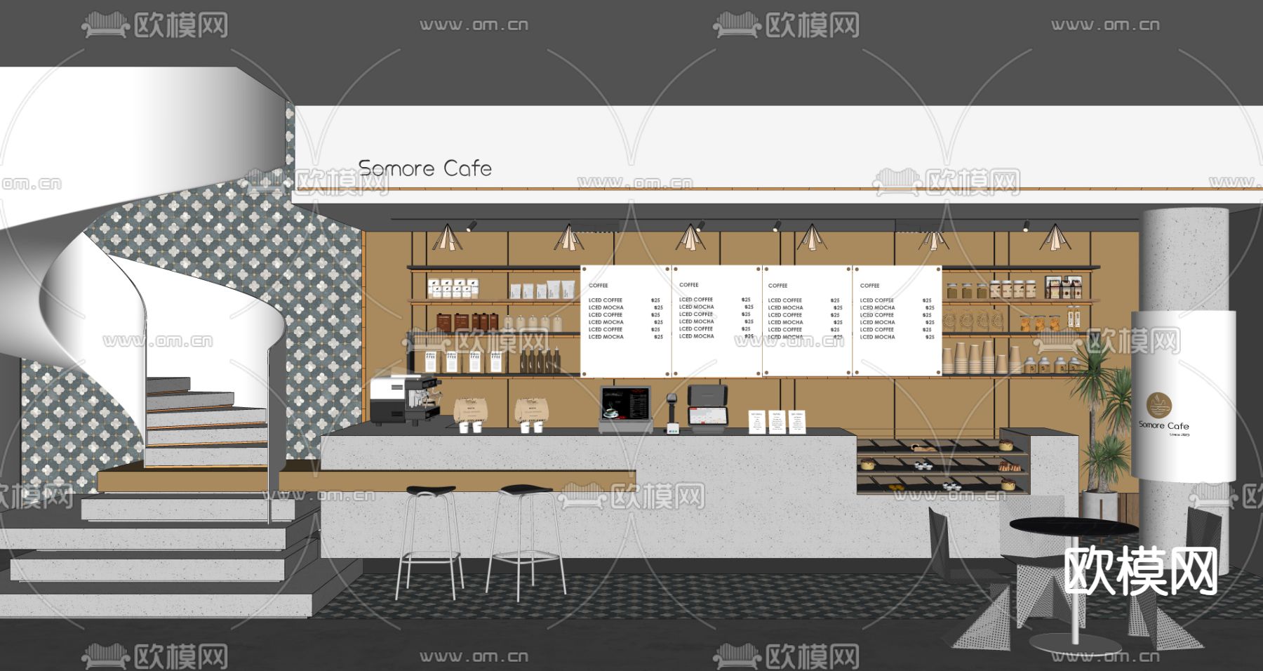 现代咖啡厅 收银台su模型下载（渲染图2）